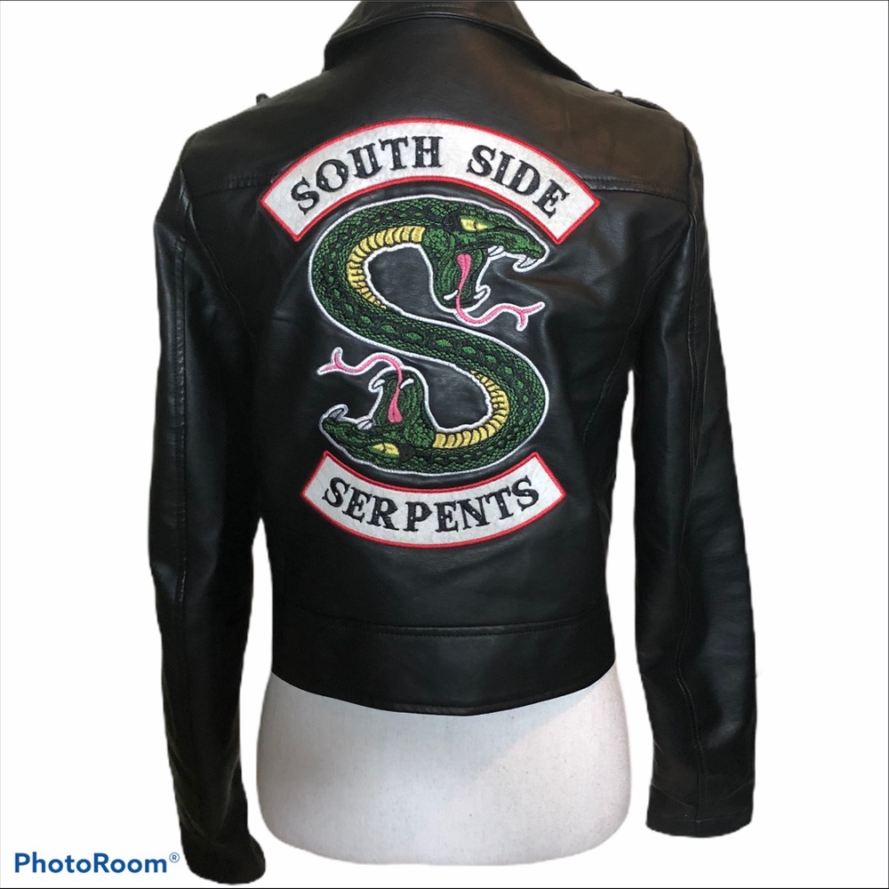 Riverside faux leather moto jacket embroidery